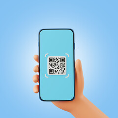 cartoon holding smartphone for qr code scanning icon in smartphone, qr code for payment or certifica