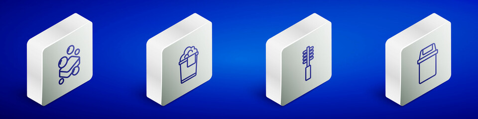 Wall Mural - Set Isometric line Bar of soap, Bucket with foam, Toilet brush and Trash can icon. Vector