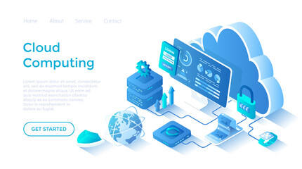 Wall Mural - Cloud computing, data storage, database system. Cloud storage server, data backup and exchange. Secure communication process. Isometric illustration. Landing page template for web on white background.