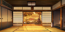 Japanese Traditional Interior - Evening, 2D Anime Background, Illustration
