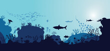 Silhouette Of Coral Reef With Fish  On Blue Sea Background Underwater Vector Illustration