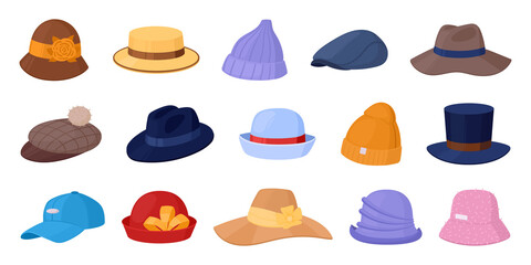 Cartoon male and female hats, vintage headwear, hats, panama and caps. Fashion headwear accessories, modern and classic had wearing elements vector Illustrations set. Headdress collection