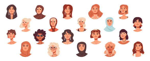 Trendy stunning women avatars, beautiful girls portraits. Fashionable young women faces, cute female characters flat vector illustrations set. Female avatars bundle