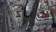 Madrid Aerial Cityscape With Metropolis Building And Edificio Grassy, Spain