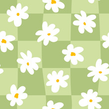 Cute Hippie And Groovy Seamless Pattern With White Daisy Flowers And Green Distorted Cage. Fashionable Background In 00s, 90s, Y2k Style. 