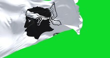 The Flag Of Corsica Waving In The Wind Isolated On A Green Background