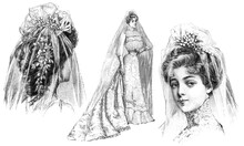 Bride Wearing Vintage Wedding Dress Antique Fashion Engraving Paris