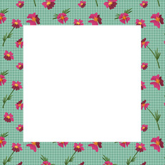 Wall Mural - Invitation or card template with pink flowers on checkered background. Summer botanical greenery frame. Save the date card template isolated on white invitation frame.