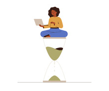 African American Businesswoman Using Laptop. Happy Black Female Has Done Her Work Or Project On Time. Time Management And Self Discipline Concept. Mindfulness And Self Control In Business.Vector