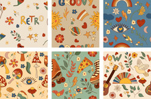 Retro Positive Seamless Patterns 70s, With Colorful Rainbows, Leaves And Flowers, Eye, Mushrooms, Roller Skate And Other Groovy Elements. Psychedelic Patterns In Vintage Style. Vector Illustration.