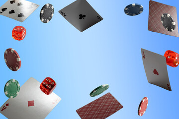 The concept of chips and cards for playing poker on the background of a flying cards