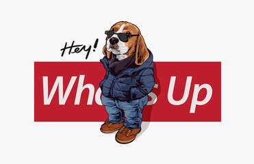 cartoon dog in sunglasses standing on what's up slogan vector illustration