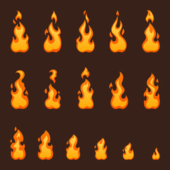 Burning fire for animation or video game vector cartoon animation sprite sheet with sequence