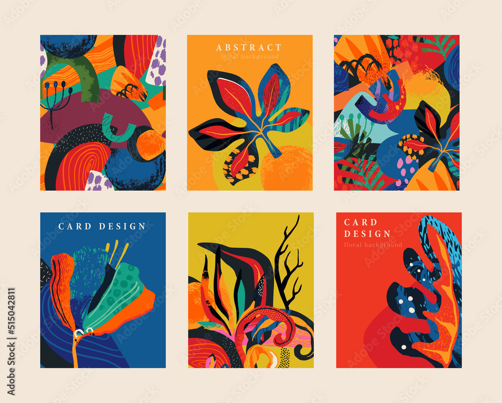 Set of six vector pre-made cards in modern abstract style with nature ...