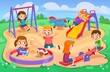 Happy kids are having fun on a playground in a park in summer. Boys and girls are sliding from a slide, playing ball, rocking on a swing and digging in a sandbox. Cartoon style vector illustration.