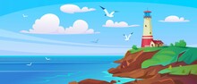 Lighthouse On A Sea Shore In Summer. Landscape View Of An Ocean Beacon On A Hill In A Bay. Small Waves On A Rocky Beach And Seagulls In A Blue Sky. Cartoon Style Vector Illustration.