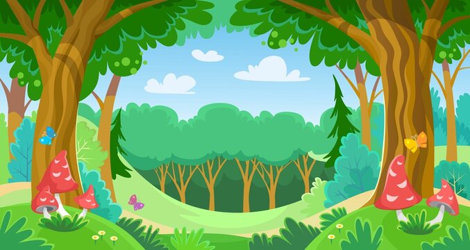 Wall Mural - Cartoon fairy tale forest in summer or spring. Magic mushrooms and trees in the woodland. Green meadow in a fantasy world. Bright butterflies in a dreamland. Vector background with copy space.