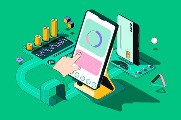 Fototapete - Finance concept 3d isometric outline web design. Banking services, accounting, financial transactions, investments and savings in app. Vector web illustration with abstract line people composition