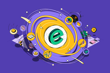 Fototapete - Global economic concept 3d isometric outline web design. International business and world economy, global market trends and investment. Vector web illustration with abstract line people composition