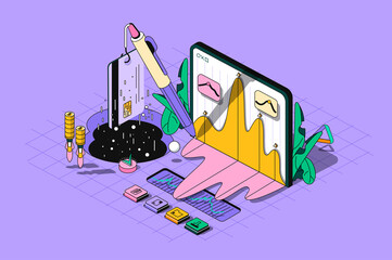 Fototapete - Stock market concept 3d isometric outline web design. Trading on stock exchange, analysis of financial statistics, investment strategy. Vector web illustration with abstract line people composition