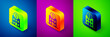 Isometric Bank building icon isolated on blue, purple and green background. Square button. Vector