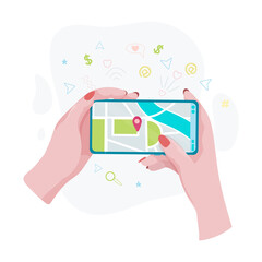 Wall Mural - Hands holding a phone or tablet. Phone with map and marker. Mobile gps navigation and path tracking concept. The woman is holding a phone in her hand. Vector illustration.