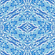 Blue White Watercolor Azulejos Tile Background. Seamless Coastal Geometric Floral Mosaic Effect. Ornamental Arabesque All Over Summer Fashion Damask Repeat