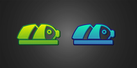 Sticker - Green and blue Fish with sliced pieces with knife icon isolated on black background. Vector