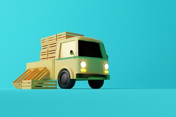 Wall Mural - Small yellow delivery truck with trolley boxes. Concept of courier work, delivering products to the store. Supplier. 3d render, 3d illustrator