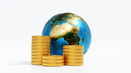 Globe or earth with stack of gold coin, world business concept, element by NASA, 3D rendering.