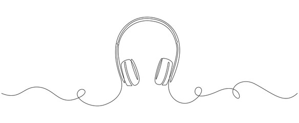 Continuous one line drawing of headphones speaker. Music gadget and earphones devices in simple linear style. Editable stroke. Doodle vector illustration