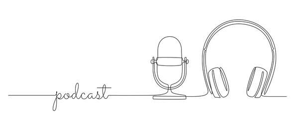Aufkleber - Continuous one line drawing of headphones speaker and microphone. Music gadget mic and earphones devices in simple linear style. Editable stroke. Doodle vector illustration