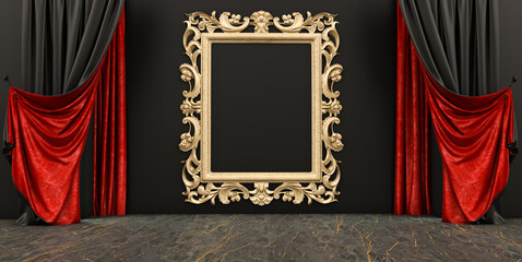 Wall Mural - 3d render of gold frame in room, an empty frame in a black wall interior with black and red curtains