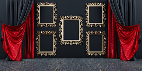 Wall Mural - 3d render of gold frame in room, an empty frame in a black wall interior with black and red curtains