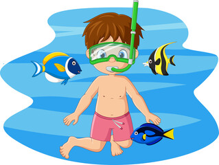 Poster - Cartoon little boy diving in underwater with tropical fish