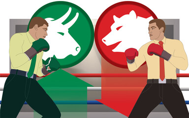 Wall Mural - businessmen wearing boxing gloves boxing in a match between stock market symbols bear and bull with boxing ring in background