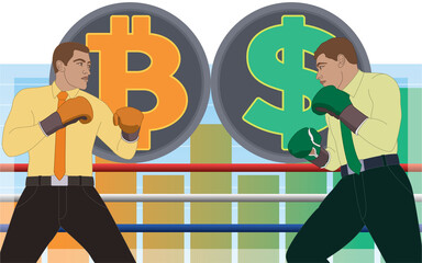 businessmen wearing boxing gloves boxing in a match between bitcoin and dollar currency with line and bar graphs in background