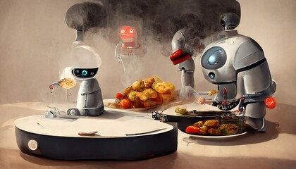 Wall Mural - Robot chef cook using AI artificial intelligence for cooking and food preparation, Conceptual illustration