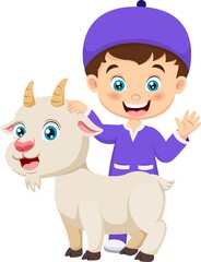 Wall Mural - Cute cartoon muslim boy celebrating Eid al Adha with goat