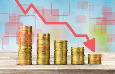 Canvas Print - Stack of coins bar chart and graph trending downwards. Economy recession crisis, inflation, stagflation, business and financial loss concept.