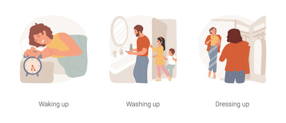 Wall Mural - Family morning routine isolated cartoon vector illustration set. Waking up in the morning, family daily routine, washing up in bathroom together, dressing up, get ready for the day vector cartoon.
