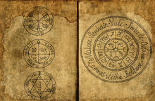 Hand Drawn Halloween Illustration Of Old Page With Wicca Holidays Chat And Mystic Symbols For Witch Magic Spell Book.