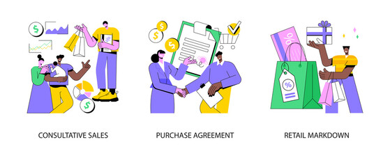 Marketing and promotion abstract concept vector illustration set. Consultative sales, purchase agreement, retail markdown, terms and conditions, product price, b2b selling, discount abstract metaphor.