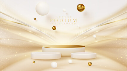 Wall Mural - Product display podium with golden curve line element and ball decoration and glitter light effect.