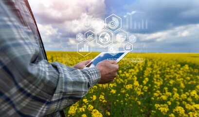 Farmer using digital tablet computer and modern interface icons, Business agriculture technology concept.