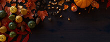 Fall Flat Lay With Leaves, Pumpkins And Fruits. Thanksgiving Concept With Copy Space.