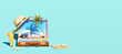 旅行鞄と南国のリゾートビーチ / コピースペースのある夏の旅行・サマーバケーション・開放的な休暇のコンセプトイメージ / 3Dレンダリング