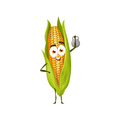 Cartoon corn cob vegetable vector character, funny sportsman mascot workout with dumbbell. Healthy food, sport exercises, sports lifestyle, organic nutrition, gym training isolated on white