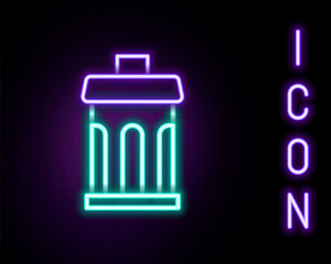 Sticker - Glowing neon line Trash can icon isolated on black background. Garbage bin sign. Recycle basket icon. Office trash icon. Colorful outline concept. Vector