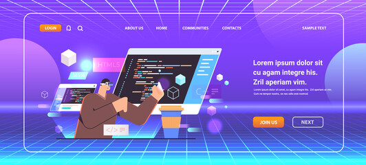 Wall Mural - programmer in virtual reality glasses writing code for computer app engineering software coding vr v